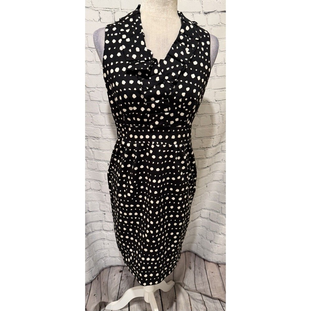 Taylor Sleeveless Ruffled V-Neck Black & White Polkadot Dress Size 4